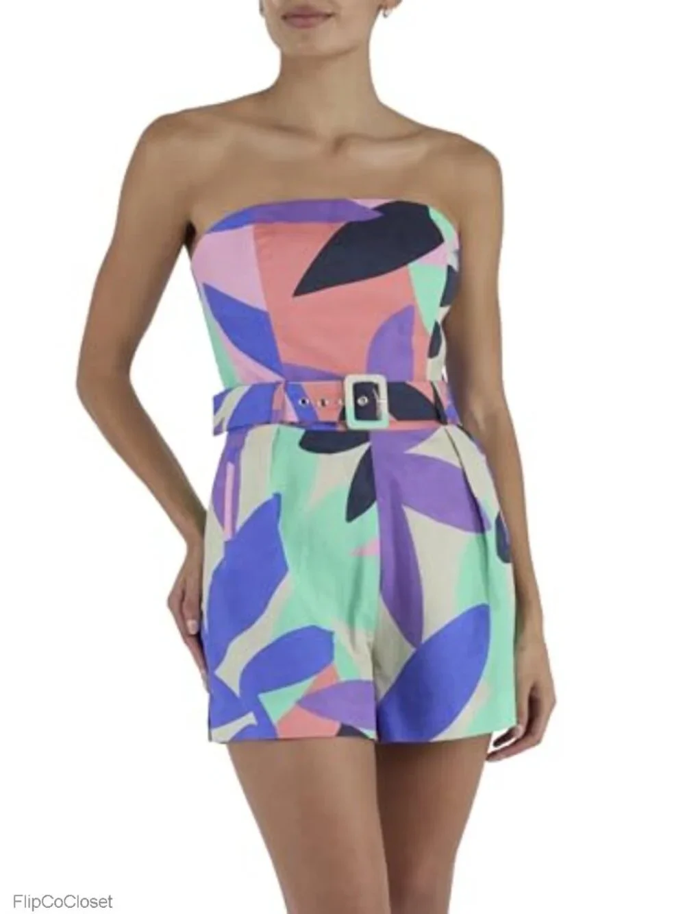 Ramy Brook Isobel Linen Romper Belted Square Neck Cold Shoulder